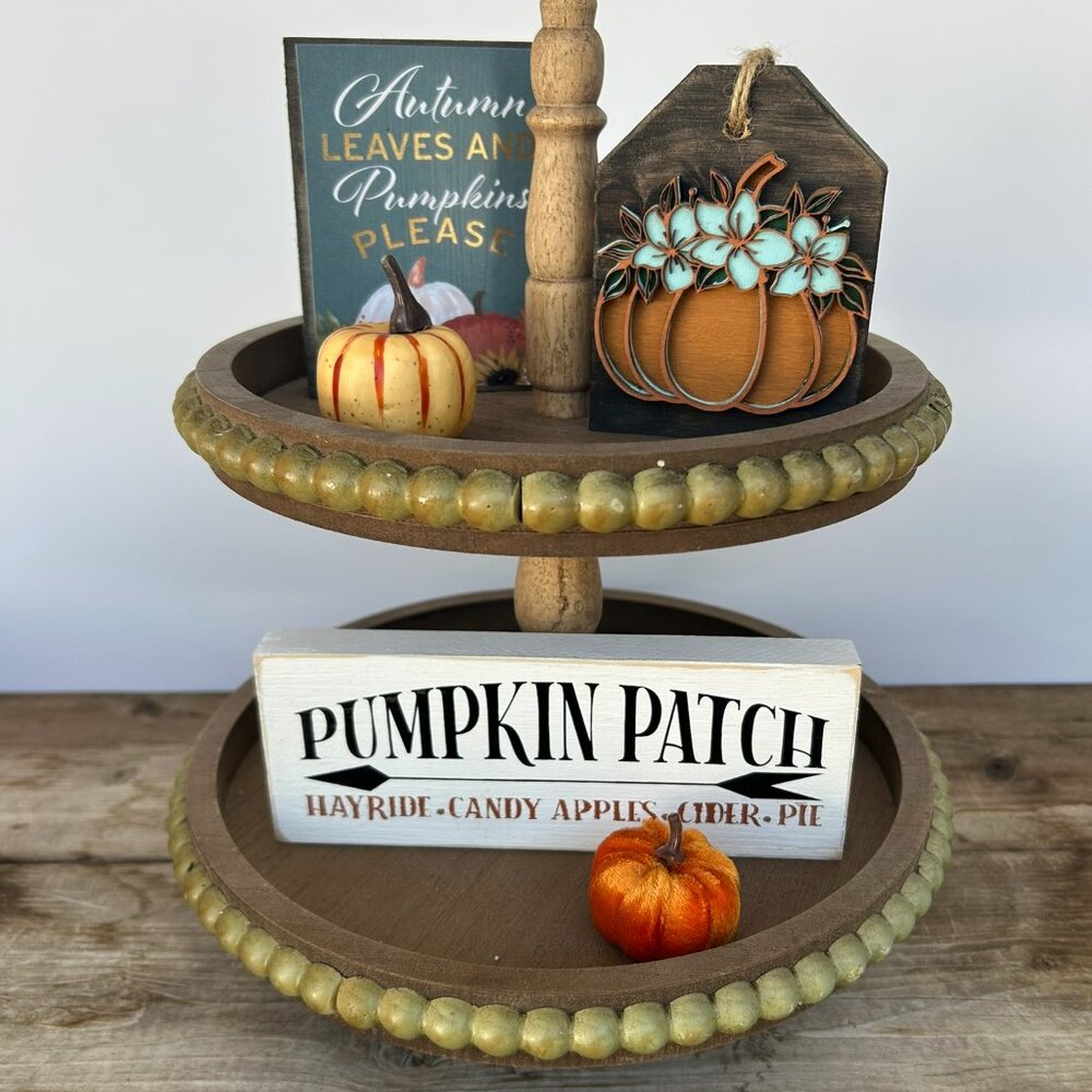 Handmade Tiered Tray Decor - Autumn Leaves & Pumpkins Please